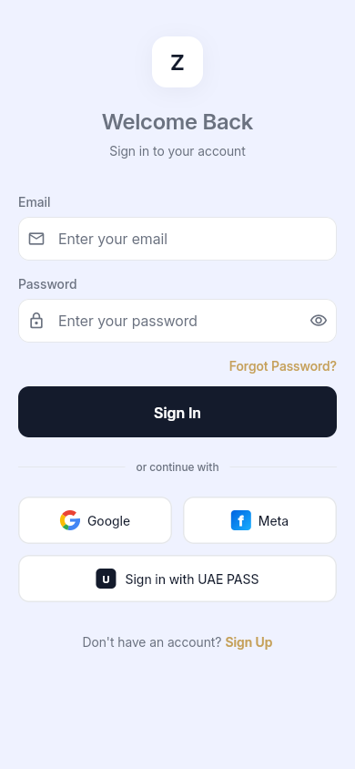Zentle sign-in screen
